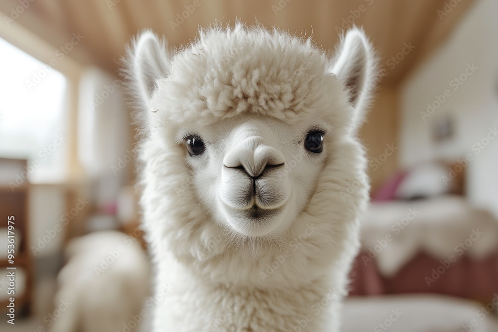 Adorable Alpaca with Playful Expression Indoors Adorable Alpaca with Playful Expression Indoors