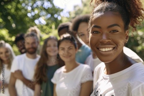 A group of people are smiling and posing for a photo. The woman in the center is wearing a white shirt with the word "love" on it. The photo captures a moment of happiness