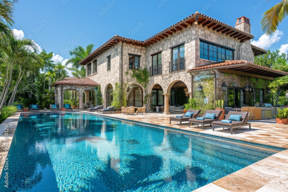 Fototapeta premium Luxurious Stone Villa with Pool, Outdoor Seating, and Expansive Garden in Miami