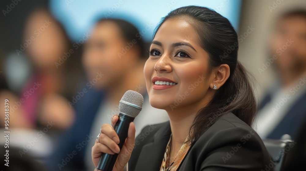 Focused Latino Speaker Engaging with Conference Crowd Focused Latino Speaker Engaging with Conference Crowd