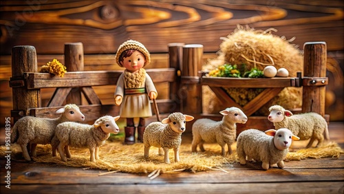 Adorable tiny shepherd figurine standing on a wooden table, surrounded by miniature sheep, hay, and a tiny fence, in a cozy rustic setting.