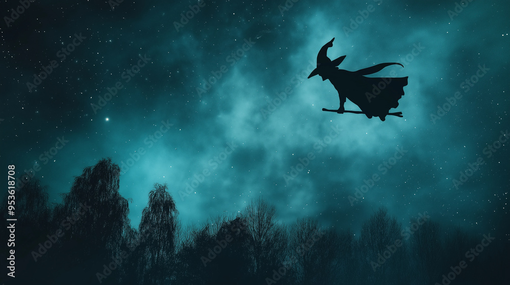Fototapeta premium A witch's silhouette flying across the night sky with stars twinkling around her. Copy space to the left.
