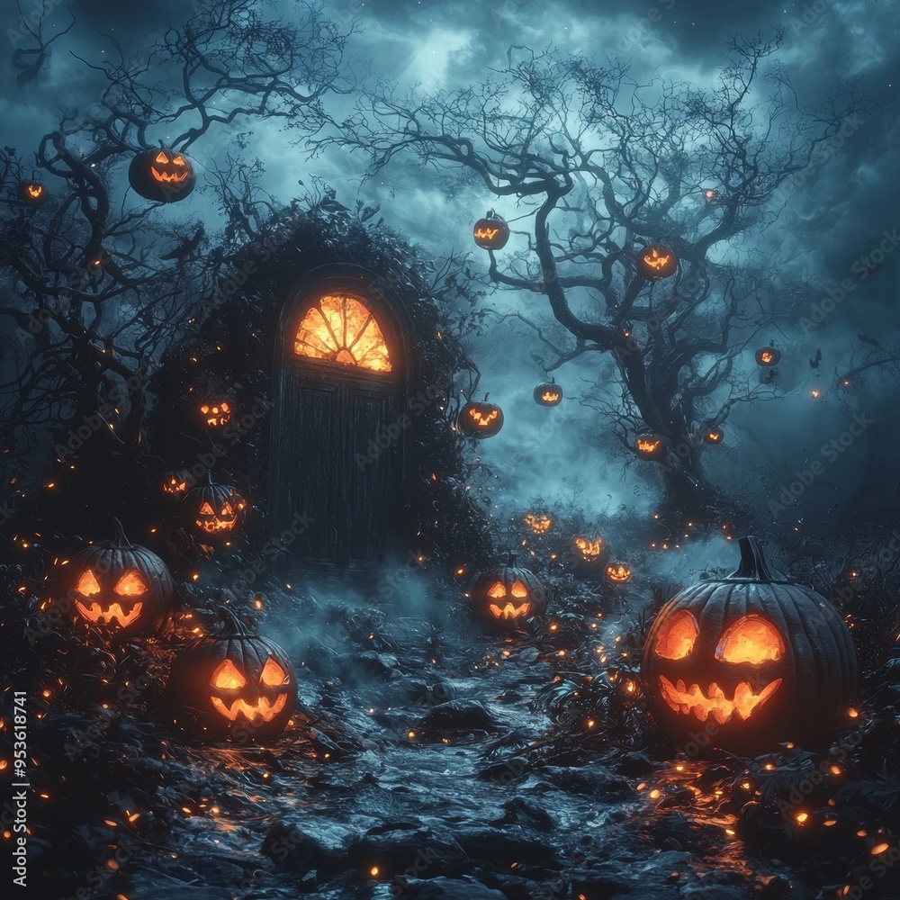 Dark forest with a scary abandoned castle, Halloween. Stock photo Dark forest with a scary abandoned castle, Halloween. Stock photo