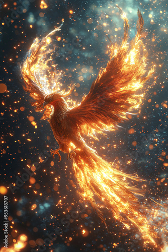 mythical phoenix enveloped in radiant fire, taking flight as it lights up the night with its fiery brilliance