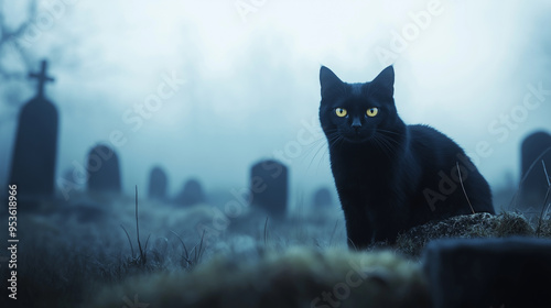 A black cat arching its back, with glowing yellow eyes, set against a foggy graveyard. Copy space to the left.