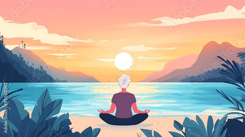 Tranquil Elderly Woman Practicing Sunrise Yoga on Beach - Cartoon Style Vector Illustration with Minimalist Design on White Background