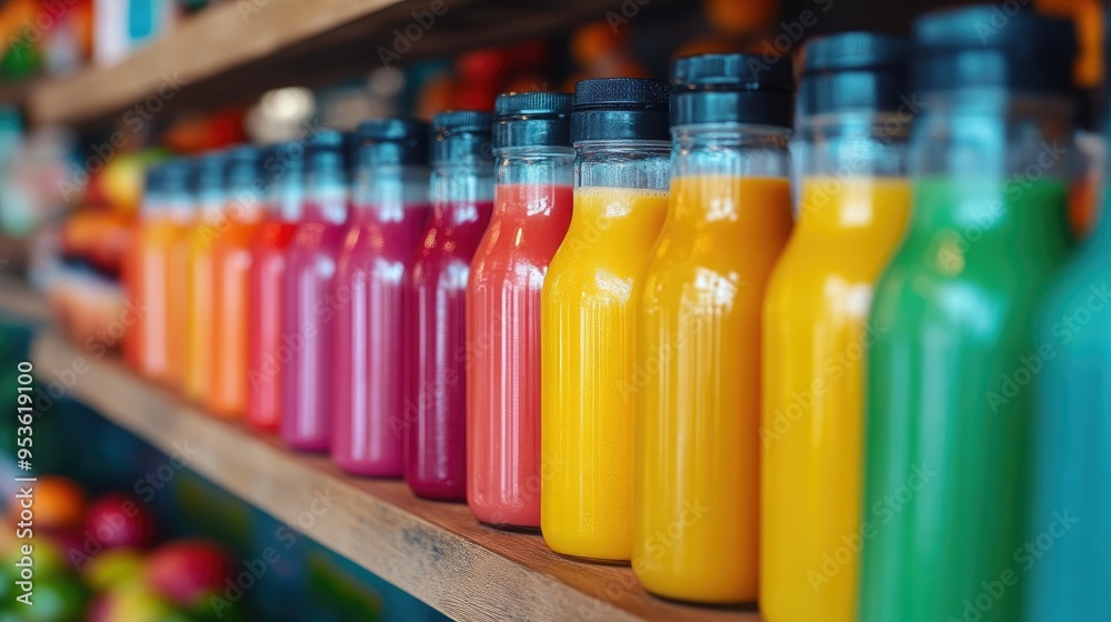 Wooden Shelf with Varied Juice Bottles and Fruits Wooden Shelf with Varied Juice Bottles and Fruits