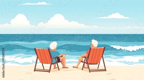 Serene Elderly Couple Relaxing on Beach Chairs Watching Waves - Cartoon Characters Flat Design Illustration