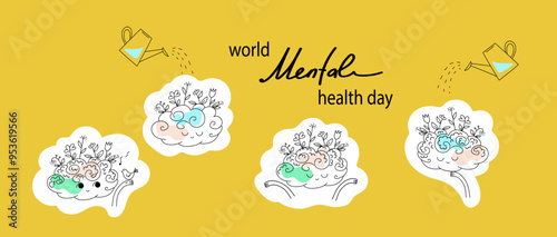 Vector world mental health day poster doodle hand drawn  illustration. Mental Health care concept. Poster, Banner, Flyer, Template. Mental health day awareness. Mental illness is a health problem
