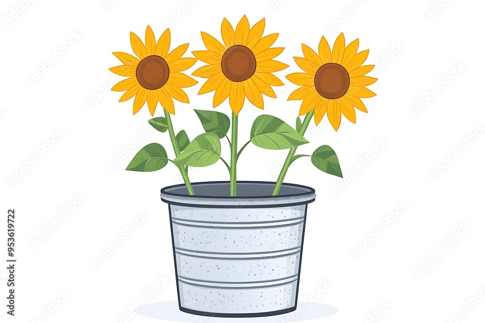 Obraz premium Vibrant Sunflowers in Galvanized Pail - Vector Illustration with Simple Design
