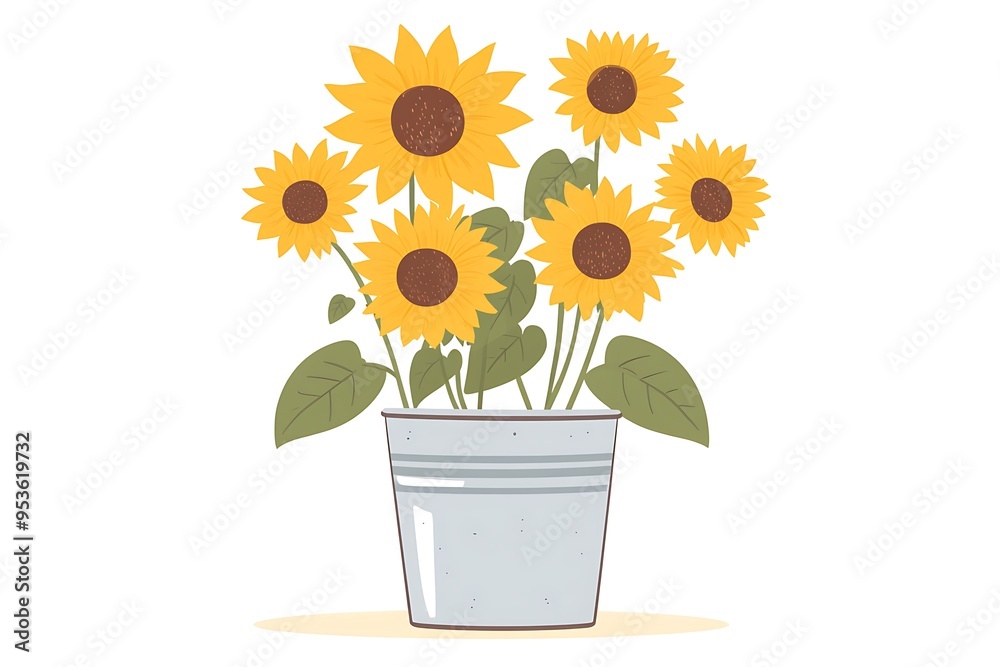 Obraz premium Bright Sunflower Vector Illustration in Galvanized Pail on White Background - Simple Flat Design Clipart