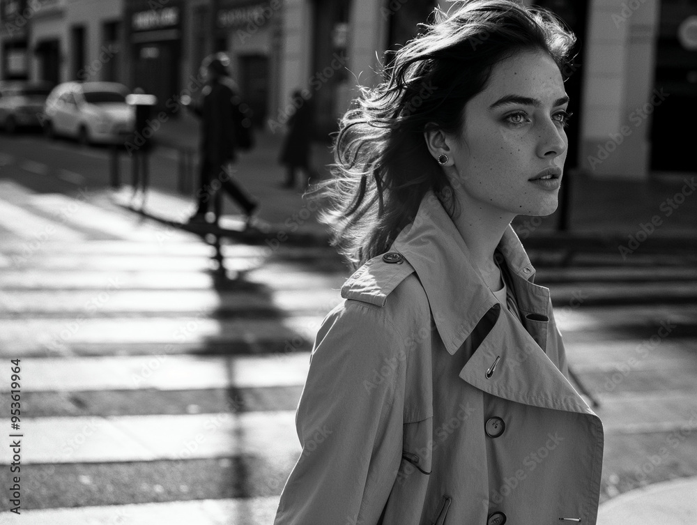 Black and White Close-Up of Fashion Icon Walking on Crosswalk in Stylish Trench Coat Black and White Close-Up of Fashion Icon Walking on Crosswalk in Stylish Trench Coat