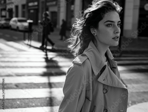 Black and White Close-Up of Fashion Icon Walking on Crosswalk in Stylish Trench Coat