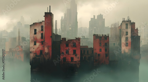 A city shrouded in fog, wit...