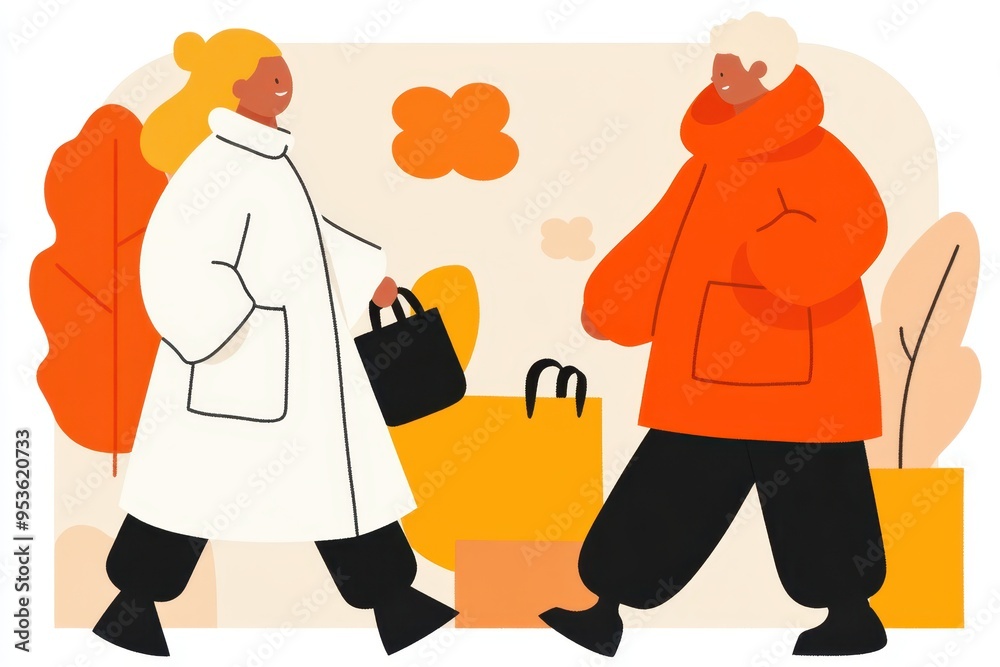 Stylish Winter Fashion Shopping Scene with Two Friends in Warm Coats Stylish Winter Fashion Shopping Scene with Two Friends in Warm Coats
