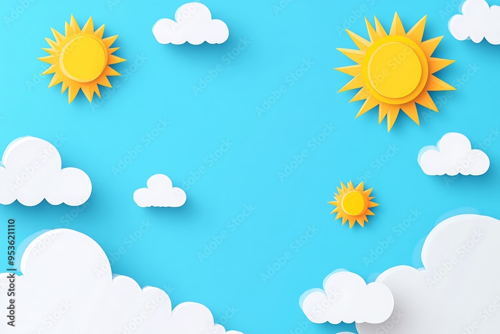 Minimalist White Vector Suns and Clouds on Sky Blue Background - Flat Design with Simple Shapes and Colors
