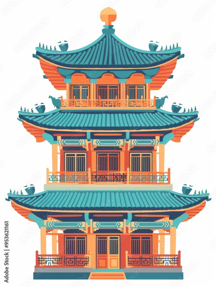 The architectural style of ancient Tang Dynasty in China,vector,flat illustration style,white background,organic flowing forms,light orange and cyan The architectural style of ancient Tang Dynasty in China,vector,flat illustration style,white background,organic flowing forms,light orange and cyan