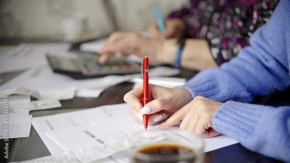 Hands calculating expenses with pen and calculator on table