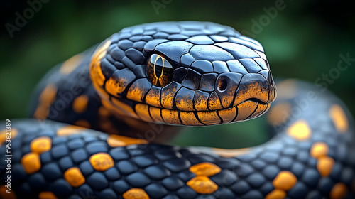 A close-up of a black and y...