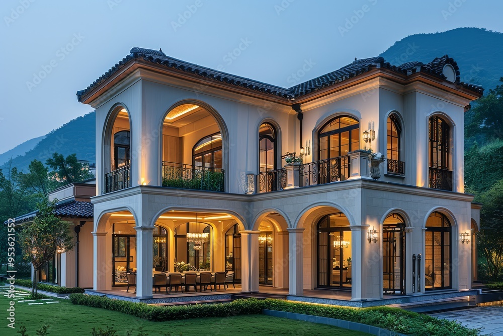 Obraz premium Luxurious European-Style Villa in Hangzhou's West Lake Mountains with Illuminated Lawn and Outdoor Dining at Night