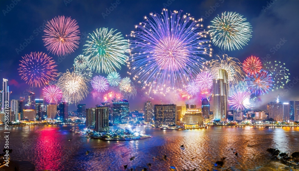 Obraz premium Skyline Spectacle: A Night of Urban Fireworks and City Lights