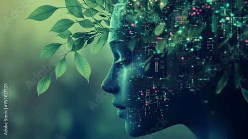 Generative AI illustration of digitally created image of ree with foliage growing 