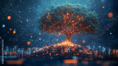 Generative AI illustration of beautiful glowing tree growing on cities representing digital technology in studio #953621750