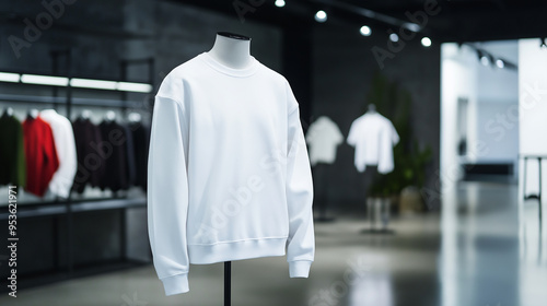 A white sweatshirt mockup displayed on a mannequin, with a high-fashion runway backdrop, highlighting the garmentÃ¢ÂÂs potential in couture settings.