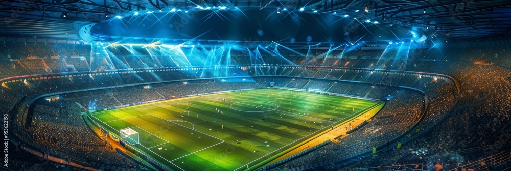 Obraz premium A football game is being played in a stadium with a large crowd watching football championship or cup