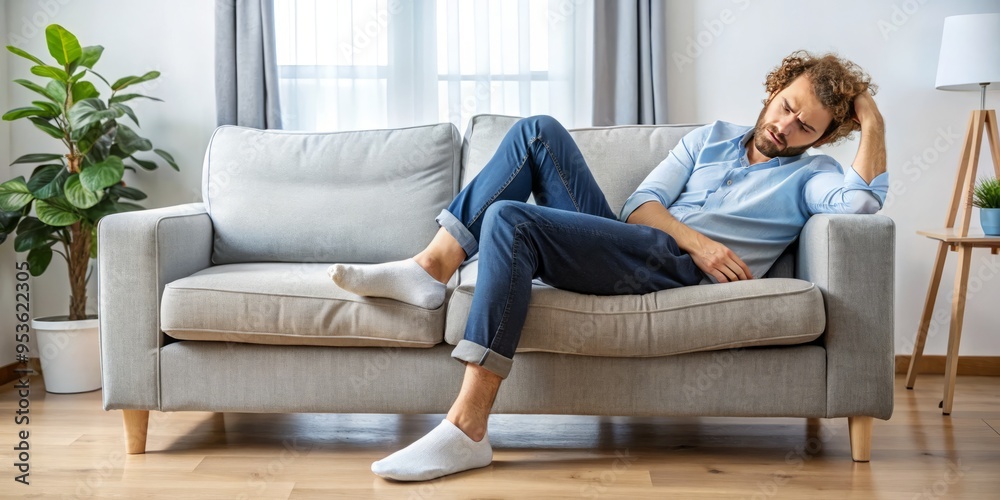 Obraz premium A exhausted individual sits on a couch, unable to relax, with one leg twitching and bouncing rapidly, conveying