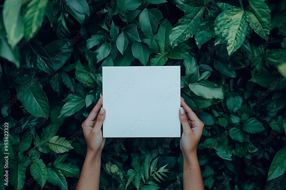 Tranquil Nature Minimalism - Hands Holding Empty White Paper in Leaf Frame on Cool Tones Background, Portrait Photography Concept Tranquil Nature Minimalism - Hands Holding Empty White Paper in Leaf Frame on Cool Tones Background, Portrait Photography Concept