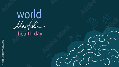 Vector world mental health day poster doodle hand drawn  illustration. Mental Health care concept. Poster, Banner, Flyer, Template. Mental health day awareness. Mental illness is a health problem