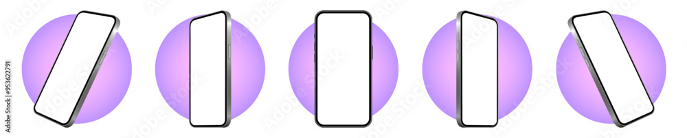 Mockup of a phone screen. Social media promotion. Advertising on a smartphone display. Device front view. 3D mobile phone. Cell phone. Purple and pink gradient bubble	