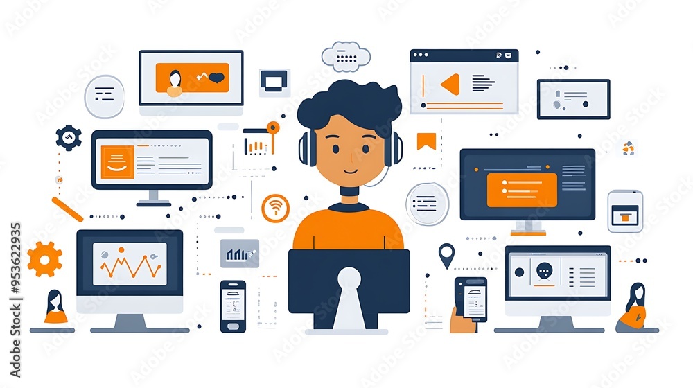 Person using a laptop with multiple screens and devices.