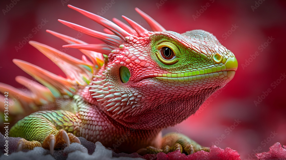 Fototapeta premium A close-up of a vibrant green and pink lizard with spiky scales.