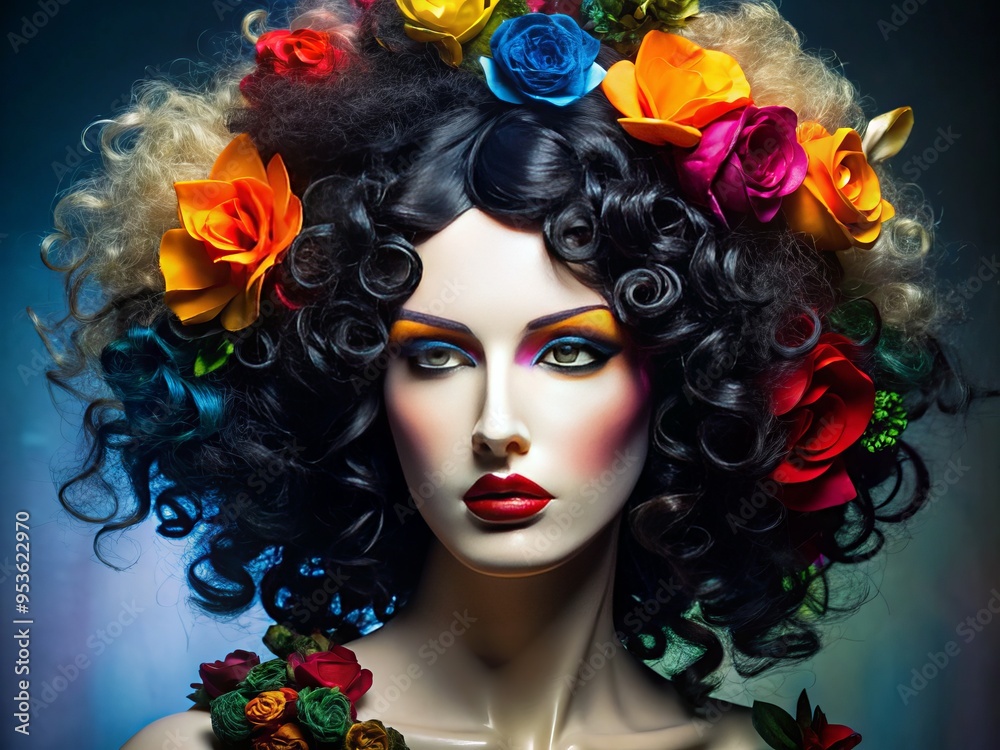 A flamboyant, curly black wig adorns a porcelain-skinned mannequin's head, its wild locks cascading down, evoking a