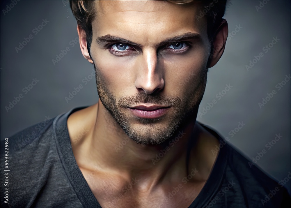 A fit male model with a strong jawline and piercing eyes gazes intensely into the camera, showcasing a chiseled physique and rugged, masculine charm.