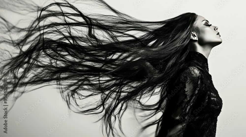 Artistic shot of a long-haired woman in motion, her hair trailing in mid-air, captured in a moment of fluid movement. Artistic shot of a long-haired woman in motion, her hair trailing in mid-air, captured in a moment of fluid movement.