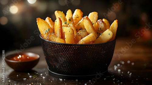 A close-up of crispy french fries in a black wire basket with a small dish of ketchup and salt on a wooden table. photo