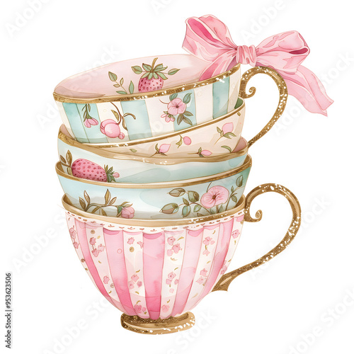 Vintage porcelain tea cups stacked. Beautiful retro illustration in simple hand drawn watercolor style. Isolated element for design, clip art, sticker