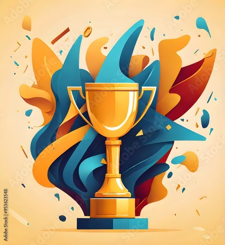 Golden trophy cup, symbol of victory, team celebrating victory. Modern flat style vector illustration Generative AI

