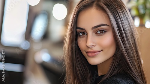 Beautiful woman with sleek, straight brown hair, sitting in a salon setting, showing the results of keratin straightening treatment. Free Download Beautiful woman with sleek, straight brown hair, sitting in a salon setting, showing the results of keratin straightening treatment. - GFXLoad