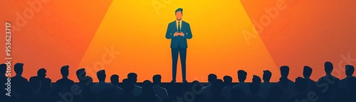 An inspiring leader standing on a stage under spotlight, sharing a visionary business idea with an audience, their expressions filled with hope and enthusiasm