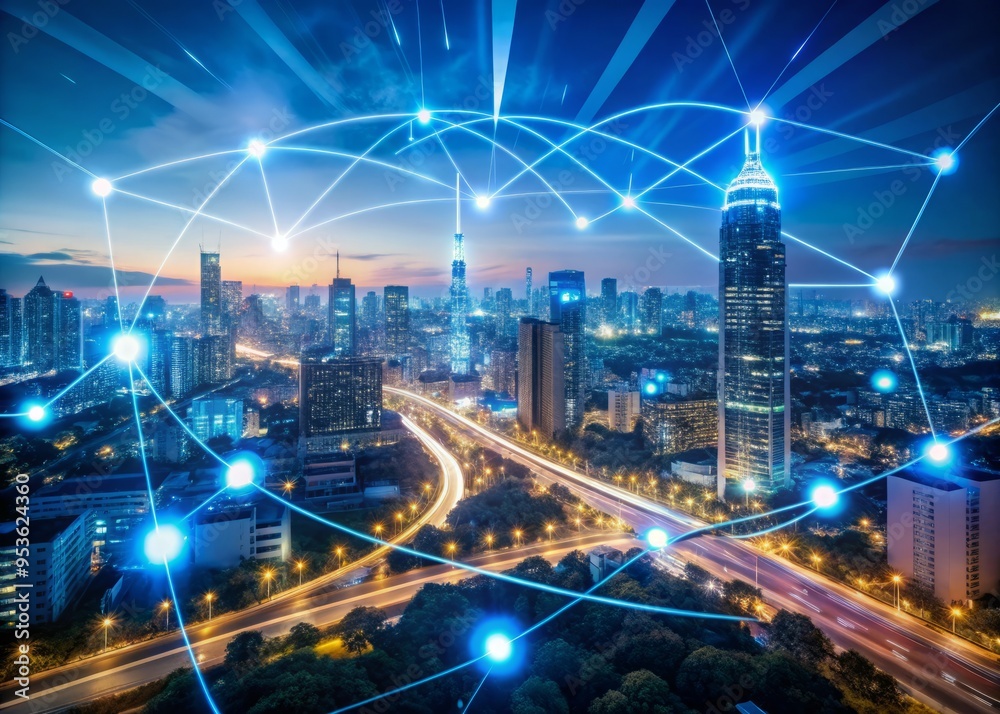 Obraz premium A futuristic digital roadmap with glowing blue lines and icons floats above a cityscape at dusk, symbolizing innovation