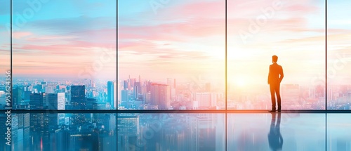 An optimistic leader standing in front of a large window, overlooking a bustling city, symbolizing the hope and positive mentality driving their business vision