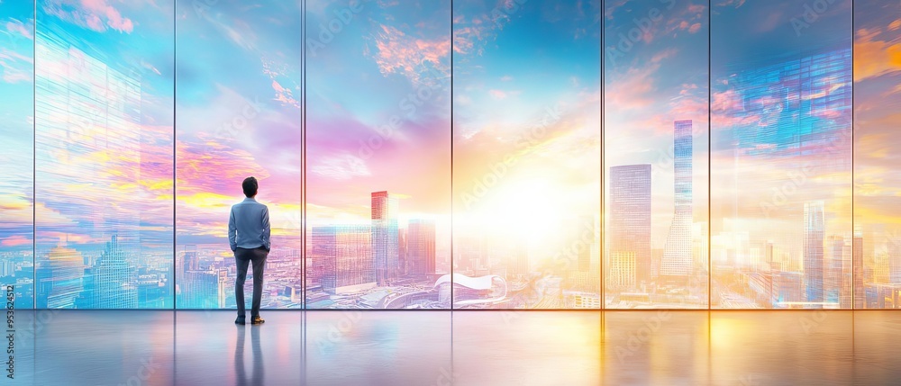 An optimistic leader standing in front of a large window, overlooking a bustling city, symbolizing the hope and positive mentality driving their business vision An optimistic leader standing in front of a large window, overlooking a bustling city, symbolizing the hope and positive mentality driving their business vision