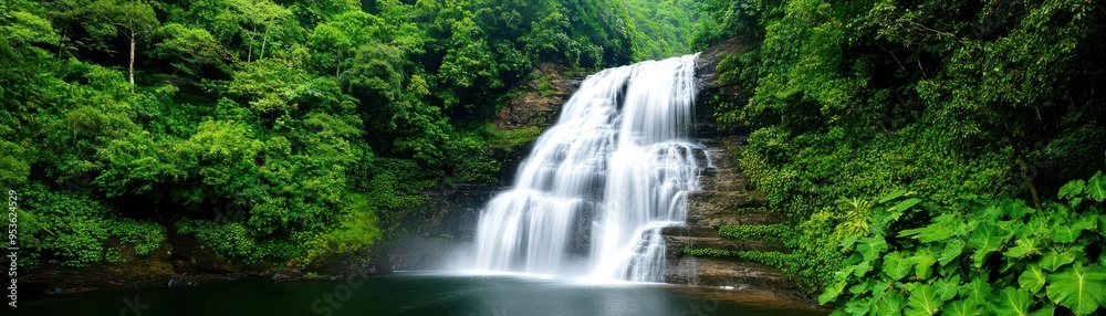 A hidden waterfall deep in a jungle, surrounded by unusual flora, untouched paradise, nature, secret habitat A hidden waterfall deep in a jungle, surrounded by unusual flora, untouched paradise, nature, secret habitat