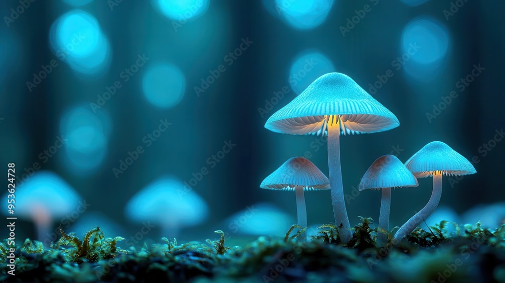Fototapeta premium Enchanted forest with glowing mushrooms and ethereal light, otherworldly feel, nature, mysterious ecosystem