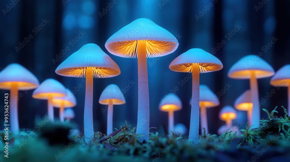 Fototapeta premium Enchanted forest with glowing mushrooms and ethereal light, otherworldly feel, nature, mysterious ecosystem