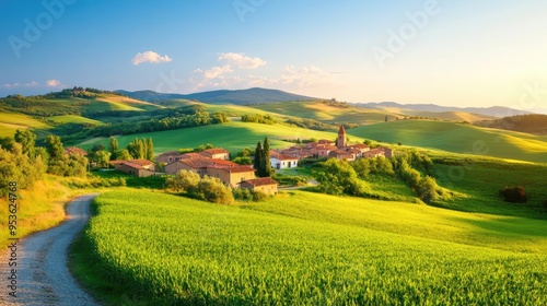 Serene rural village nestled in rolling hills, peaceful landscape, timeless tranquility photo